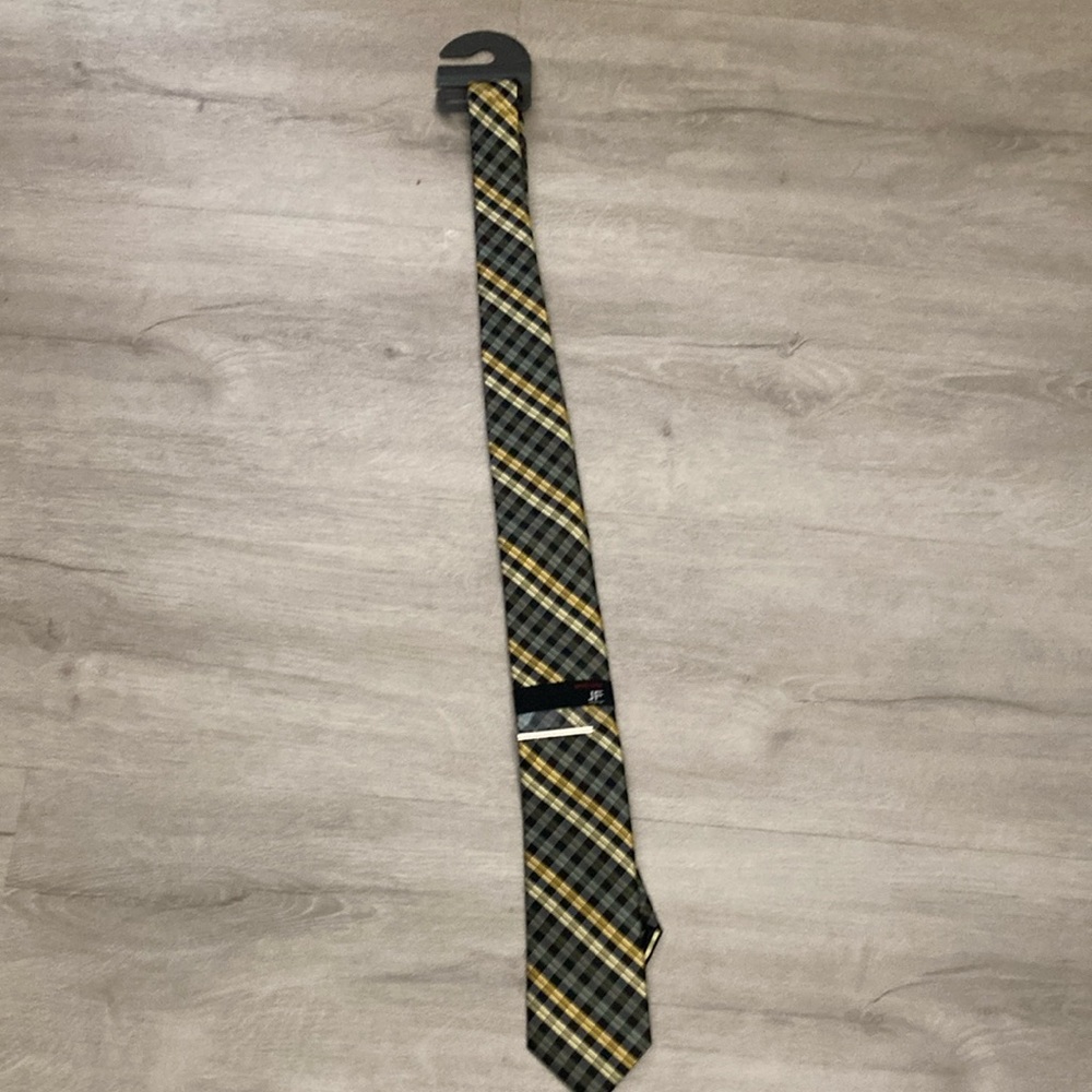 JF J.Ferrar Black and Gold Checkered Tie